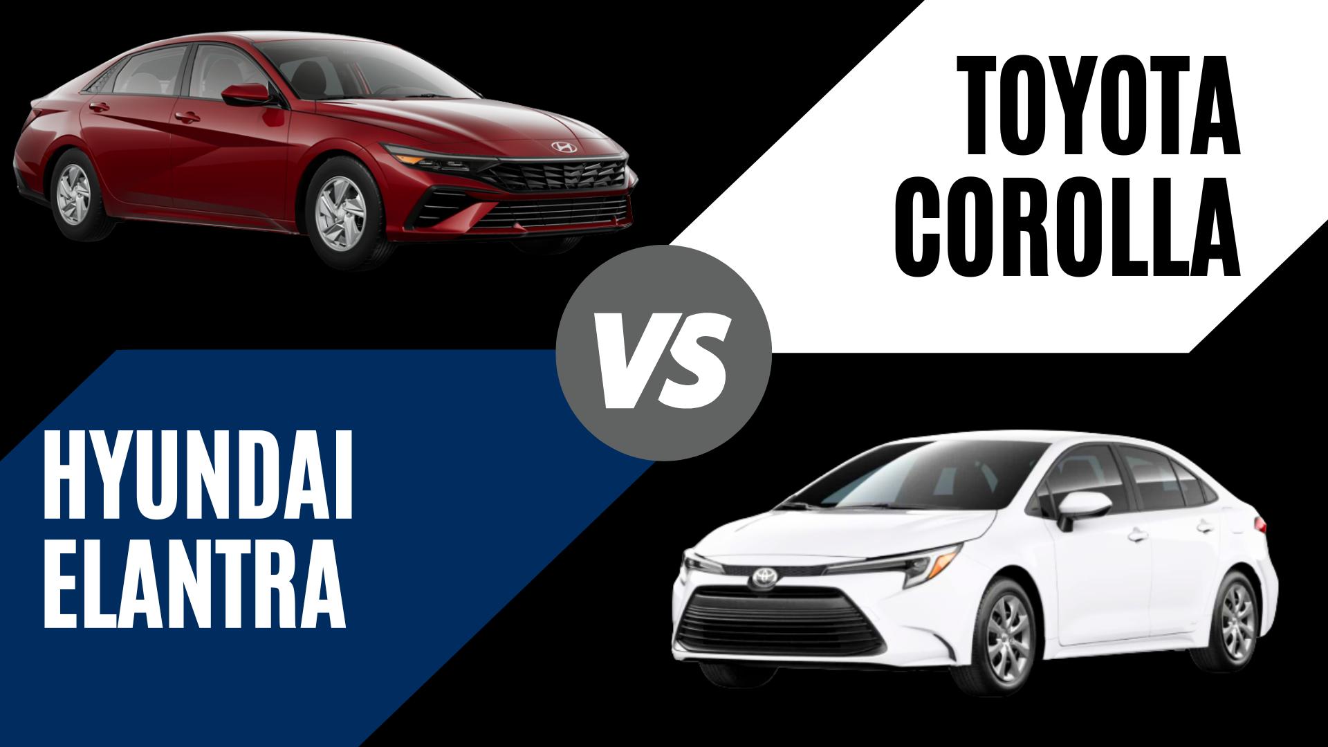 Side-by-side comparison of a red 2026 Hyundai Elantra and a white 2026 Toyota Corolla for Crain Hyundai of Fayetteville.