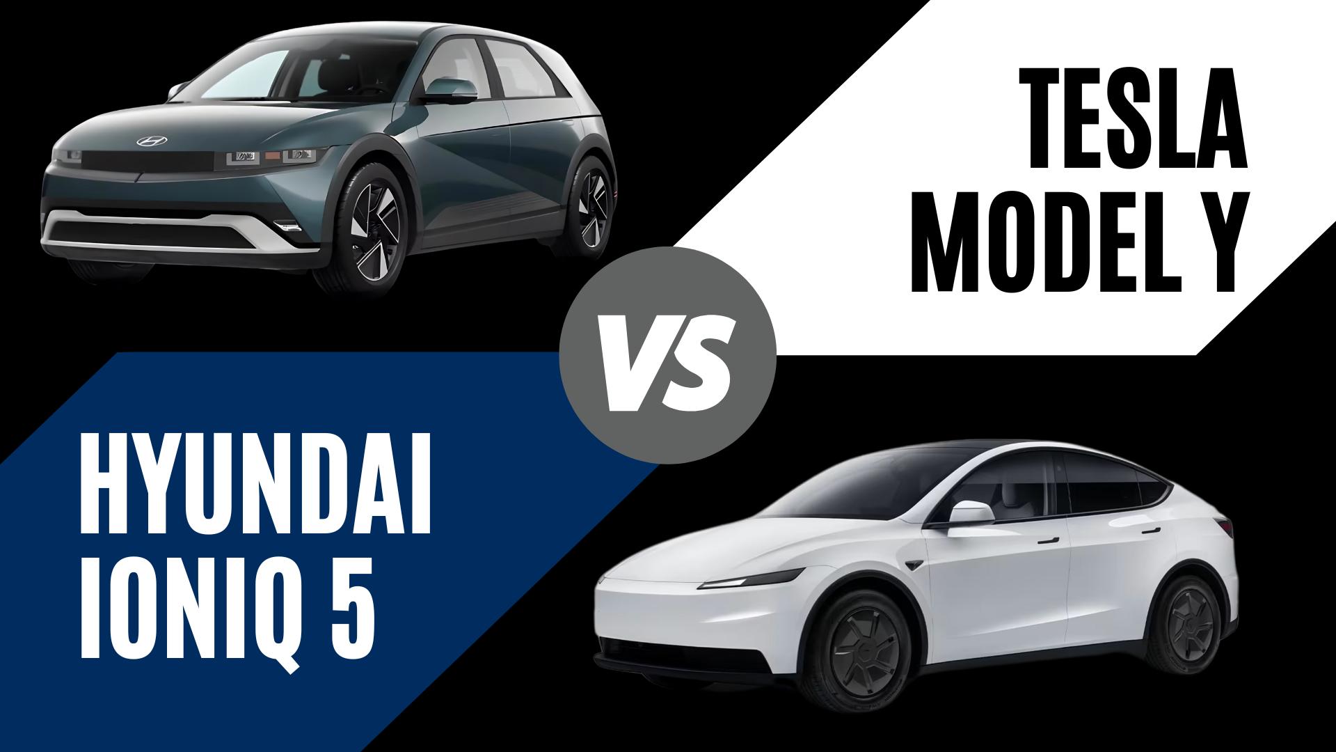 2026 Hyundai Ioniq 5 and Tesla Model Y comparison graphic highlighting design and EV features for Fayetteville drivers