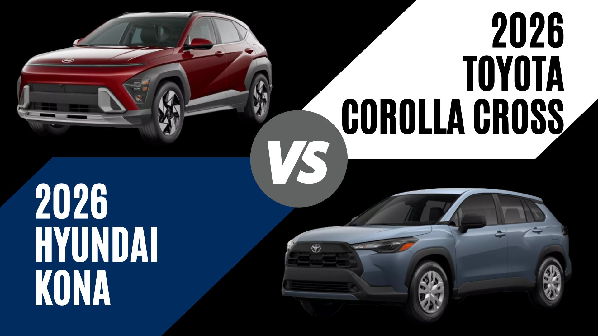 2026 Hyundai Kona and 2026 Toyota Corolla Cross subcompact SUVs compared side by side for Fayetteville, Arkansas drivers