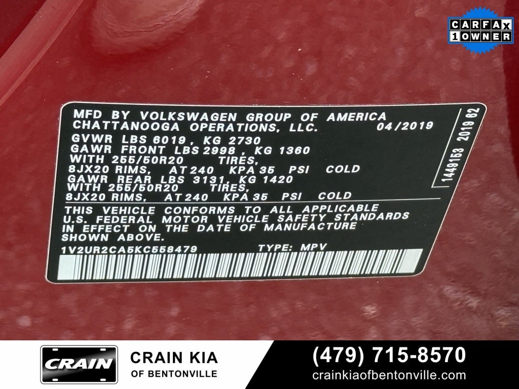 2019 Volkswagen Atlas 3.6L V6 SE - AWD / ONE OWNER